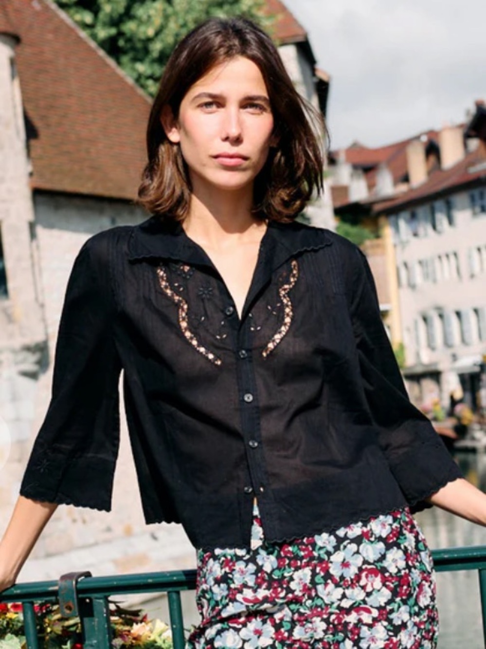 NWT Ciao Lucia Cezanne Cotton Voile Embroidered Button Down Blouse Top Black
